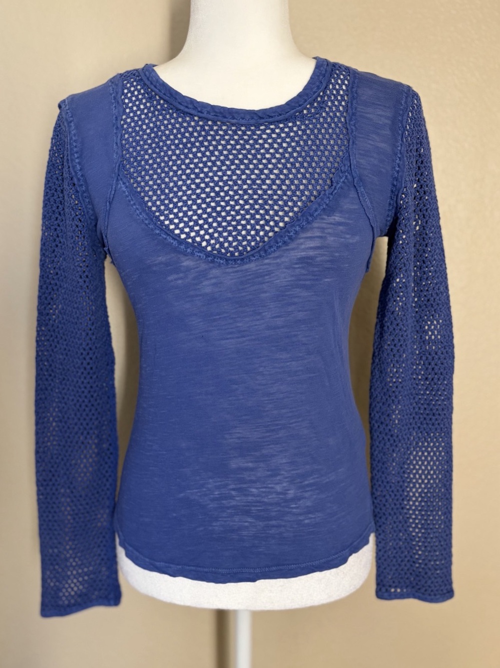 Free People We The Free Solar Eclipse Mesh Long Sleeve Top Blue S
